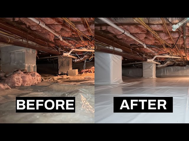 Before and after of a crawl space restoration: fallen fiberglass insulation, torn plastic, and debris on the left; sealed white encapsulation liner on the floor and piers on the right