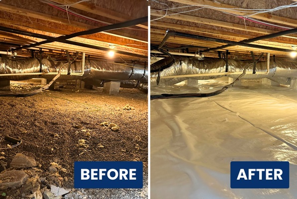 Before and after of a second crawl space: exposed dirt floor with debris and a damaged vapor barrier on the left; sealed liner across the floor and up the walls on the right