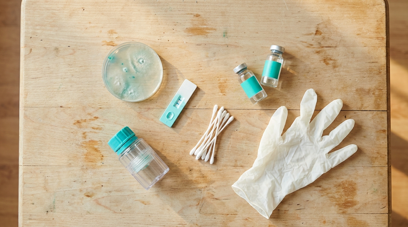 Mold test kit components — petri dish, test strip, swabs, solution vials, and gloves laid out on a table