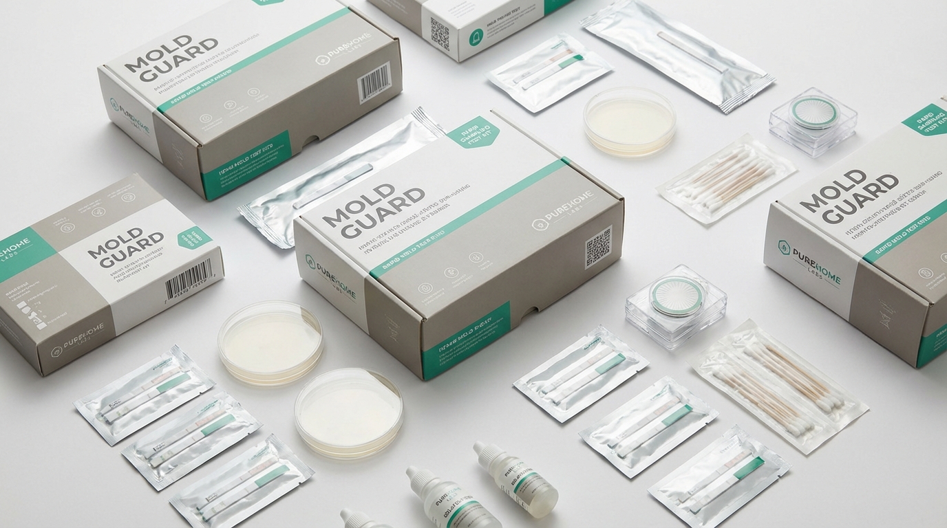 Home mold test kit products and components laid out for comparison — boxes, test strips, petri dishes, and air cassettes